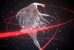 Rule 34 | 1girl, dress, elbow gloves, gloves, glowing, glowing eyes, highres, long hair, maredoro, pixiv fantasia, pixiv fantasia t, red eyes, solo, string, thighhighs, white hair