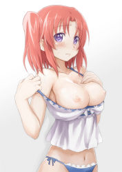 Rule 34 | 1girl, bare shoulders, blue panties, blush, breast suppress, breasts, breasts out, female focus, fujikawa daichi, gradient background, large breasts, looking at viewer, md5 mismatch, mikakunin de shinkoukei, navel, nipples, panties, pink hair, purple eyes, resolution mismatch, side-tie panties, simple background, solo, source larger, strap slip, twintails, two side up, underwear, yonomori kobeni
