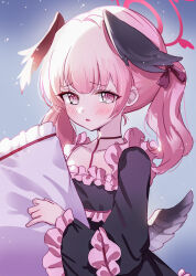 Rule 34 | 1girl, absurdres, ash (cat7evy), black dress, black wings, blue archive, blush, collarbone, dress, frilled sleeves, frills, halo, head wings, highres, holding, holding pillow, koharu (blue archive), long hair, long sleeves, looking at viewer, parted lips, pillow, pink eyes, pink hair, red halo, revision, solo, twintails, upper body, wide sleeves, wings