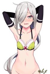 Rule 34 | 1girl, armpits, asashimo (kancolle), bad id, bad pixiv id, black gloves, breasts, elbow gloves, fang, fangs, gloves, grey eyes, grey hair, groin, hair between eyes, highres, ishiusu, kantai collection, long hair, looking at viewer, no panties, ponytail, simple background, small breasts, solo, underwear, white background
