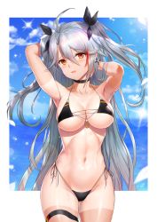 Rule 34 | 1girl, abs, absurdres, alternate costume, antenna hair, arms behind head, azur lane, bikini, black bikini, black choker, blue sky, blurry, blurry background, blush, bokeh, breasts, brown eyes, choker, cleavage, cloud, collarbone, commentary request, cowboy shot, curvy, day, depth of field, flag print, german flag bikini, greem bang, groin, hair between eyes, hand in own hair, highleg, highleg bikini, highres, hip focus, korean commentary, large breasts, leaning forward, legs together, light particles, long hair, looking at viewer, meme, micro bikini, mole, mole on breast, multicolored hair, navel, open mouth, outside border, prinz eugen (azur lane), prinz eugen (unfading smile) (azur lane), red hair, ribs, shiny skin, side-tie bikini bottom, silver hair, skindentation, sky, solo, sparkle, standing, stomach, streaked hair, swimsuit, tan, tanline, thigh strap, thighs, two side up, very long hair, wet