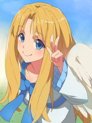 Rule 34 | 1girl, blonde hair, blue bow, blue eyes, bow, chiharu (9654784), closed mouth, day, dress, feathered wings, filo (tate no yuusha no nariagari), frilled sleeves, frills, highres, leaning forward, long hair, looking at viewer, outdoors, parted bangs, sky, smile, solo, tate no yuusha no nariagari, v, very long hair, white dress, white wings, wide sleeves, wings