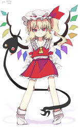 Rule 34 | 1girl, absurdres, ascot, blonde hair, closed mouth, flandre scarlet, full body, hat, highres, holding, holding polearm, holding weapon, ichirugi, laevatein (touhou), light smile, looking at viewer, medium hair, mob cap, multicolored wings, no shoes, one side up, polearm, puffy short sleeves, puffy sleeves, red eyes, red skirt, red vest, shirt, short sleeves, simple background, skirt, socks, solo, standing, touhou, vest, weapon, white background, white hat, white shirt, white socks, wings, yellow ascot