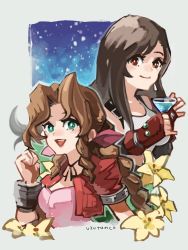 Rule 34 | 2girls, aerith gainsborough, asymmetrical bangs, blouse, bracelet, braid, braided ponytail, brown eyes, brown hair, choker, cocktail, cocktail glass, cropped jacket, cup, curly hair, dress, drinking glass, earrings, final fantasy, final fantasy vii, fingerless gloves, flower, gloves, green eyes, highres, jacket, jewelry, multiple girls, necklace, night, night sky, open mouth, parted bangs, pink dress, puffy sleeves, red jacket, ribbon, shirt, simple background, sky, smile, sports bra, square enix, star (sky), starry sky, suspenders, tifa lockhart, uzutanco, white shirt, yellow flower