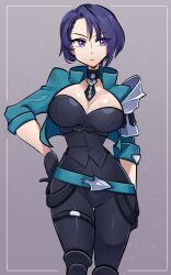 1girl aqua_belt aqua_jacket armor belt black_choker black_pants black_shirt breasts choker cleavage closed_mouth commentary cropped_jacket english_commentary fire_emblem fire_emblem:_three_houses hand_on_own_hip highres jacket large_breasts missandydandy nintendo pants pauldrons purple_background purple_eyes purple_hair shamir_nevrand shirt short_hair shoulder_armor simple_background single_pauldron solo thighs