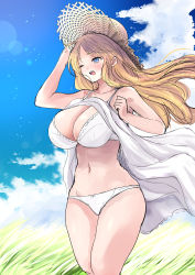 Rule 34 | 1girl, absurdres, blonde hair, blue eyes, blue sky, bra, breasts, cleavage, clenched hand, clothes lift, cloud, collarbone, commentary request, day, dress, dress lift, field, grass, hair blowing, hand in own hair, hat, highres, lens flare, long hair, navel, one eye closed, open mouth, original, outdoors, panties, sgwmanga, sky, standing, straw hat, sun hat, sundress, teeth, underwear, upper teeth only, white bra, white dress, white panties, wind