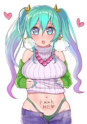 Rule 34 | 1girl, aqua hair, arm warmers, bare shoulders, blue eyes, blue hair, blush, body writing, breasts, censored, censored text, clothes lift, english text, full-face blush, gradient hair, heart, heart-shaped pupils, heavy breathing, jewelry, large breasts, league of legends, long hair, looking at viewer, matching hair/eyes, mole, mole under eye, multicolored hair, nail polish, navel, nisimorou, open mouth, open pants, panties, pants, profanity, pubic tattoo, ribbed sweater, sleeveless, sleeveless turtleneck, solo, sona (league of legends), sweater, sweater lift, symbol-shaped pupils, tattoo, turtleneck, twintails, underwear, very long hair