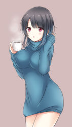 Rule 34 | 10s, 1girl, :o, alternate costume, black hair, blush, bottomless, breasts, covered erect nipples, cowboy shot, cup, drink, eyebrows, female focus, hand in own hair, highres, hot chocolate, kantai collection, large breasts, looking at viewer, nanairo fuuka, red eyes, short hair, simple background, sketch, sleeves past wrists, solo, steam, sweater, takao (kancolle), turtleneck