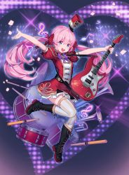 Rule 34 | 1girl, :d, beamed sixteenth notes, black thighhighs, blue eyes, boots, bow, commentary request, cross-laced footwear, cymbals, drum, drumsticks, electric guitar, frilled skirt, frills, guitar, hair between eyes, hair bow, hat, heart, highres, holding, holding instrument, instrument, jacket, korean commentary, lace-up boots, lim jaejin, long hair, mini hat, musical note, open mouth, outstretched arms, pink hair, pleated skirt, puffy short sleeves, puffy sleeves, red bow, red hat, red jacket, red skirt, revision, round teeth, shako cap, short sleeves, skirt, smile, solo, soulworker, sparkle, spread arms, stella unibell, striped clothes, striped thighhighs, teeth, thighhighs, thighhighs under boots, treble clef, trumpet, twintails, unworn hat, unworn headwear, upper teeth only, vertical-striped clothes, vertical-striped thighhighs, very long hair, white thighhighs