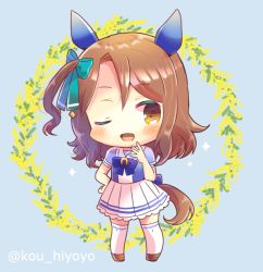 Rule 34 | 1girl, ;d, animal ears, aqua bow, blouse, blue background, blue bow, blue shirt, blush, bow, brown eyes, brown footwear, brown hair, chibi, commentary request, floral background, full body, hair bow, horse ears, horse girl, horse tail, king halo (umamusume), kou hiyoyo, long hair, one eye closed, open mouth, pleated skirt, purple shirt, school uniform, shirt, shoes, short sleeves, skirt, smile, solo, sparkle, standing, tail, thighhighs, tracen school uniform, twitter username, umamusume, white skirt, white thighhighs