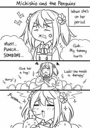 Rule 34 | 1girl, 3koma, = =, anger vein, angry, bird, blush, bow, bowtie, breath, comic, commentary, double bun, english text, fang, greyscale, guin guin, hug, kantai collection, michishio (kancolle), monochrome, penguin, remodel (kantai collection), sparkle, squiggle, thought bubble