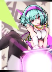 Rule 34 | 1girl, 405nm, aqua hair, bare shoulders, beatmania, beatmania iidx, black thighhighs, breasts, cable, character name, headphones, kazetto, midriff, red eyes, short hair, sitting, sitting on object, skirt, solo, spotlight, strapless, thighhighs, tube top, wristband