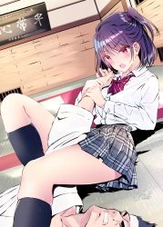 Rule 34 | 1boy, 1girl, angry, blush, clenched teeth, closed eyes, collared shirt, commentary request, dojo, dougi, grey skirt, headband, highres, indoors, kobayashi chisato, on ground, open mouth, original, plaid, plaid skirt, pleated skirt, purple hair, red eyes, school uniform, shirt, short hair, skirt, socks, submission hold, teeth, thighs, white shirt, wrestling