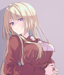 Rule 34 | 1girl, assault lily, belt, belt buckle, blonde hair, breasts, brown background, brown sailor collar, buckle, closed mouth, commentary request, hands up, high-waist skirt, highres, jewelry, kanba girls high school uniform, large breasts, long hair, long sleeves, looking at viewer, looking to the side, miyagawa takane, naridon, necktie, own hands together, purple eyes, red belt, red shirt, red skirt, ring, sailor collar, school uniform, serafuku, shadow, shirt, short necktie, sidelocks, simple background, skirt, solo, upper body, v-shaped eyebrows, white necktie