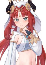 Rule 34 | 1girl, blue eyes, blunt bangs, blush, brooch, commentary, crop top, genshin impact, hand up, highres, horns, jewelry, long hair, long sleeves, looking at viewer, midriff, navel, neko uchi (hinausa0522), nilou (genshin impact), red hair, simple background, smile, solo, stomach, upper body, veil, very long hair, white background