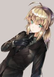 Rule 34 | 1girl, absurdres, adjusting clothes, adjusting necktie, ahoge, artoria pendragon (all), artoria pendragon (fate), bad id, bad pixiv id, black gloves, black jacket, black necktie, blonde hair, blush, brown background, closed mouth, collared shirt, commentary request, dutch angle, fate/stay night, fate/zero, fate (series), formal, gloves, green eyes, grey shirt, hair between eyes, highres, jacket, long hair, long sleeves, looking at viewer, necktie, saber (fate), shirt, sidelocks, signature, simple background, solo, sparkle, suit, utayoi (umakatare)