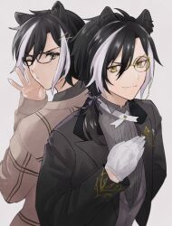 Rule 34 | 2boys, adjusting eyewear, animal ears, back-to-back, bespectacled, black-framed eyewear, black hair, black jacket, bow, brown cardigan, butler, cardigan, cross tie, dual persona, glasses, gloves, grey shirt, grey vest, hair between eyes, hair bow, hair ornament, hairclip, hand on own chest, highres, holostars, jackal boy, jackal ears, jacket, kageyama shien, lapel pin, looking at viewer, looking back, low ponytail, mioto (tsubsq m), monocle, multicolored hair, multiple boys, official alternate costume, one eye closed, puckered lips, purple bow, shirt, simple background, sleeves past wrists, two-tone hair, upper body, vest, virtual youtuber, white background, white gloves, white hair, yellow eyes