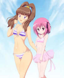 Rule 34 | 2girls, amano nene (digimon xros wars), artist request, bikini, character request, crossover, digimon, digimon xros wars, hair ornament, hairclip, long hair, multiple girls, ponytail, ro-kyu-bu, side-tie bikini bottom, split ponytail, striped bikini, striped clothes, swimsuit, wide hips