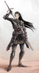 Rule 34 | 1girl, absurdres, armor, azure meraki, black hair, breastplate, chainmail, contrapposto, dated, fighting stance, floating hair, full body, gambeson, hand up, highres, holding, holding sword, holding weapon, long hair, looking at viewer, armored boots, original, ornate armor, parted lips, red eyes, sanpaku, signature, solo, standing, sword, two-handed sword, weapon, zweihander