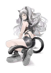 Rule 34 | 1girl, absurdres, animal ears, arknights, ass, bare shoulders, black footwear, black scarf, black shorts, breasts, cat ears, cat tail, commentary request, crop top, grey hair, highres, large breasts, long hair, looking at viewer, midriff, scarf, schwarz (arknights), shenhaiqiqudan, shoes, short shorts, shorts, simple background, sleeveless, solo, tail, thighs, very long hair, white background, yellow eyes
