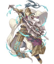 Rule 34 | 1boy, aladdin (sinoalice), armor, blonde hair, blue eyes, cape, fighting stance, full body, gem, gold armor, gold trim, helmet, holding mace, jewelry, ji no, looking at viewer, mace, male focus, official art, pants, ring, shoes, sinoalice, smile, solo, transparent background, vambraces, weapon