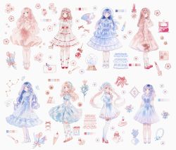Rule 34 | 6+girls, ^ ^, absurdres, beads, blue dress, blue hair, blue theme, bottle, bow, cake, cake slice, cherry blossoms, choker, clam shell, closed eyes, constellation, cosmetics, dress, envelope, flower, food, fruit, hand fan, high heels, highres, holding, holding wand, ice cream cone, jewelry, light brown hair, lipstick tube, lolita fashion, long hair, looking at viewer, looking to the side, makeup, medium hair, multiple girls, original, pastel colors, perfume (cosmetics), perfume bottle, photo (object), pink dress, pink flower, pink footwear, pink hair, pink theme, pink tulip, red bow, red flower, red footwear, ribbon, ribbon choker, sakuraba nao, simple background, smile, snow globe, socks, star (symbol), star wand, strawberry, sweet lolita, tulip, wand, white background, white bow, white dress, white flower, white ribbon, white socks