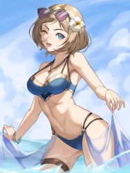 Rule 34 | 1girl, alternate costume, bikini, blonde hair, blue bikini, blue eyes, breasts, cloud, commentary, commission, english commentary, fire emblem, fire emblem heroes, flower, hair flower, hair ornament, highres, holding, holding clothes, holding skirt, i a n, jewelry, kiran (female) (fire emblem), kiran (fire emblem), looking at viewer, medium breasts, medium hair, navel, necklace, nintendo, ocean, one eye closed, open mouth, second-party source, semi-transparent, skirt, solo, sunglasses, swimsuit, thigh strap, water
