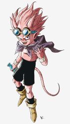Rule 34 | 1boy, black nails, black shorts, boots, bottle, bracelet, cape, character request, colored skin, goggles, goggles on head, highres, holding, holding bottle, horns, jewelry, kakeru (dbskakeru), looking at viewer, open mouth, pink skin, pointy ears, purple cape, sand land, shorts, simple background, solo, tail, toriyama akira (style), white background, yellow footwear