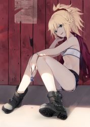 Rule 34 | 1girl, :d, black footwear, black shorts, blonde hair, boots, bra, braid, breasts, crown braid, denim, denim shorts, emyo, fate/apocrypha, fate (series), full body, green eyes, hair ornament, hair scrunchie, high ponytail, holding, holding clothes, holding jacket, jacket, unworn jacket, long hair, looking at viewer, mordred (fate), mordred (fate/apocrypha), mordred (memories at trifas) (fate), navel, open mouth, outdoors, red jacket, red scrunchie, scrunchie, short shorts, shorts, sitting, small breasts, smile, solo, strapless, strapless bra, torn clothes, torn shorts, underwear, white bra