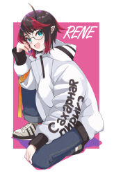 Rule 34 | 1girl, absurdres, alternate costume, black hair, blue eyes, blue pants, blush, character name, clothes writing, commentary request, demon girl, demon horns, denim, full body, glasses, highres, hood, hoodie, horns, jeans, long sleeves, looking at viewer, multicolored hair, nail polish, nanashi inc., on one knee, open mouth, pants, pink background, pointy ears, purple nails, red hair, round eyewear, russian text, ryugasaki rene, shoes, short hair, smile, sneakers, solo, sugar lyric, two-tone hair, virtual youtuber, white hoodie, zono (inokura syuzo029)