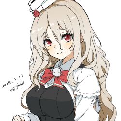 Rule 34 | 1girl, absurdres, bigkwl, bodice, bow, bowtie, breasts, collared shirt, dated, dress shirt, grey hair, hair between eyes, hat, highres, kantai collection, large breasts, long hair, mini hat, one-hour drawing challenge, pola (kancolle), red bow, red bowtie, red eyes, shirt, simple background, solo, thick eyebrows, tilted headwear, twitter username, wavy hair, white background, white shirt