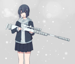 Rule 34 | 1girl, akagawa007, bad id, bad pixiv id, black hair, blazer, bolt action, breath, eyebrows, grey background, gun, hair ornament, hairclip, highres, holding, holding gun, holding weapon, jacket, looking at viewer, open mouth, original, rifle, scarf, school uniform, scope, short hair, skirt, sniper rifle, solo, trigger discipline, weapon, weapon request