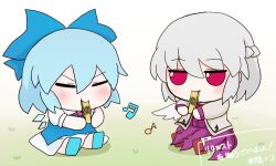 Rule 34 | 2girls, blue bow, blue dress, blue hair, bow, chibi, cirno, commission, detached wings, dress, fumo (doll), grey hair, hair bow, holding, holding instrument, ice, ice wings, instrument, jacket, kishin sagume, light blush, multiple girls, music, musical note, pixiv commission, playing instrument, purple dress, red eyes, rei (tonbo0430), short hair, single wing, smile, suit jacket, touhou, white wings, wings