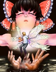 Rule 34 | 1boy, 1girl, absurdres, angel wings, black background, black pants, blonde hair, blush, bow, brown footwear, brown hair, closed eyes, commentary request, cookie (touhou), disembodied hand, feathered wings, frilled bow, frilled hair tubes, frills, full body, go (inmu), hair bow, hair tubes, hakurei reimu, highres, kanna (cookie), long hair, manatsu no yo no inmu, medium hair, multiple wings, open mouth, pants, psychic parrot, red bow, seraph, shirt, sidelocks, touhou, upper body, water, white shirt, white wings, wings