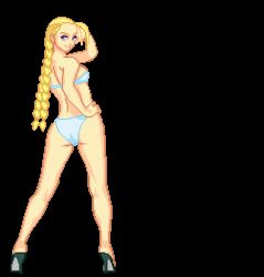 Rule 34 | 1990s (style), 1girl, animated, animated gif, ass shake, bikini, blonde hair, blue bikini, blue eyes, cammy white, capcom, full body, hand on own hip, high heels, knees, legs, lowres, navel, open shoes, pixel art, solo, street fighter, street fighter ii (series), swimsuit, twintails, txsnew