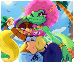 Rule 34 | 2girls, afro, angry, arm up, armpits, beanie, blonde hair, blue eyes, bracelet, breast press, breasts, cleavage, curvy, denim, donkey kong (series), donkey kong barrel blast, earrings, furry, furry female, gold choker, hand on another&#039;s head, hat, height difference, highres, hip bones, hoop earrings, jewelry, jungle, kalypso, large breasts, midriff, monkey, monkey girl, multiple girls, nail polish, nature, navel, nintendo, pants, purple eyes, purple hair, reptile girl, sideboob, smile, spudenski, sweatpants, tail, tank top, tiny kong, twintails, wide hips