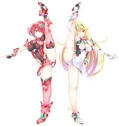 Rule 34 | 2girls, absurdres, breasts, chest jewel, daive, highres, large breasts, leg up, long hair, multiple girls, mythra (xenoblade), panties, pyra (xenoblade), red eyes, red hair, short hair, skindentation, thighhighs, underwear, very long hair, xenoblade chronicles (series), xenoblade chronicles 2, yellow eyes