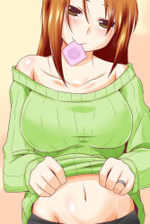 Rule 34 | 1girl, bare shoulders, breasts, brown hair, clothes lift, condom, condom in mouth, green eyes, highres, jewelry, large breasts, lifting own clothes, looking at viewer, midriff, mouth hold, navel, nishi koutarou, original, ribbed sweater, ring, smile, solo, sweater, sweater lift