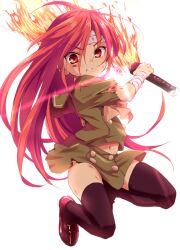 Rule 34 | 1girl, bandaged head, bandages, black thighhighs, brown footwear, clenched teeth, flaming sword, flaming weapon, full body, green shirt, green skirt, holding, holding sword, holding weapon, katana, kotsu, loafers, long hair, looking at viewer, navel, red eyes, red hair, shakugan no shana, shana, shirt, shoes, short sleeves, simple background, skirt, solo, sword, teeth, thighhighs, torn clothes, torn shirt, torn skirt, v-shaped eyebrows, very long hair, weapon, white background