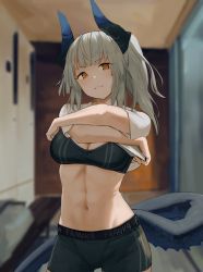 Rule 34 | 1girl, arknights, black shorts, black sports bra, blurry, blurry background, closed mouth, clothes lift, commentary, contrapposto, cowboy shot, dragon horns, dragon tail, english text, highres, horns, indoors, lifted by self, linea alba, liskarm (arknights), long hair, looking at viewer, midriff, navel, noccu, orange eyes, ponytail, shirt, shirt lift, shorts, silver hair, solo, sports bra, t-shirt, tail, undressing, white shirt