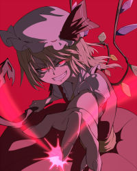 Rule 34 | 1girl, action, ascot, blonde hair, clenched teeth, dress, energy ball, fingernails, flandre scarlet, glowing, glowing eyes, grin, hat, hat ribbon, holding, holding weapon, laevatein, mob cap, pink background, red dress, red eyes, ribbon, ribbon-trimmed headwear, ribbon trim, sharp fingernails, short hair, short sleeves, side ponytail, smile, solo, teeth, tenkomori (bug kura), touhou, weapon, wings