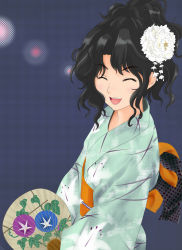 Rule 34 | 1girl, alternate hairstyle, amagami, hand fan, green kimono, hair ornament, japanese clothes, kimono, paper fan, ponytail, smile, solo, takemi kaoru, tanamachi kaoru, uchiwa, yukata