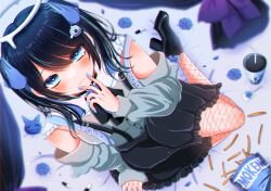 Rule 34 | 1girl, ado (utaite), arm support, black bow, black bowtie, black choker, black dress, black footwear, black hair, blue bow, blue eyes, blue flower, blue hair, blurry, blurry background, blush, bow, bowtie, bubble tea, chando (ado), choker, closed mouth, clothing cutout, commentary, cup, darling dance (vocaloid), dress, drinking straw, dutch angle, fishnet pantyhose, fishnets, flower, food, frilled dress, frills, full body, hair ornament, halo, heart, heart-shaped pupils, high heels, highres, jirai kei, light particles, long sleeves, looking at viewer, melting halo, mole, mole under eye, multicolored hair, niconico, pantyhose, puffy sleeves, shoko (gs music11), shoulder cutout, sitting, solo, streaked hair, symbol-shaped pupils, twintails, utaite, v, v over mouth, yokozuwari