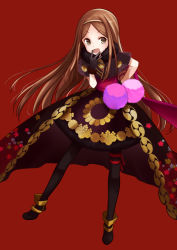 Rule 34 | 1girl, brown hair, capelet, chacha (fate), fate/grand order, fate (series), full body, gloves, headband, red background, skirt, standing
