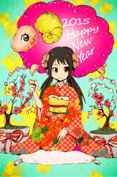 Rule 34 | 1girl, artist request, balloon, black hair, bonsai, bow, brown eyes, fake horns, female focus, hand on lap, happy, happy new year, holding, holding balloon, horns, idolmaster, idolmaster cinderella girls, japanese clothes, kimono, kneeling, light smile, long hair, long image, long twintails, looking to the side, multicolored background, nakano yuka, namco, new year, pillow, red bow, red ribbon, ribbon, sheep, sheep horns, smile, star (symbol), tall image, traditional media, twintails