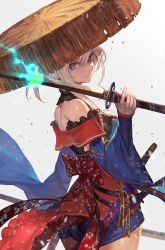 Rule 34 | 1girl, closed mouth, commentary request, cowboy shot, fate/grand order, fate (series), fingernails, grey background, hair between eyes, hand up, hat, highres, holding, holding sword, holding weapon, japanese clothes, kimono, lack, long sleeves, looking at viewer, looking back, miyamoto musashi (fate), miyamoto musashi (third ascension) (fate), over shoulder, silver hair, smile, solo, standing, sword, weapon, weapon over shoulder