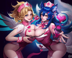 Rule 34 | ahri (league of legends), alternate breast size, animal ears, arm tattoo, backlighting, blonde hair, blue eyes, blue hair, blurry, breast press, breasts, citemer, cleavage, cleavage cutout, clothing cutout, commentary, cowboy shot, depth of field, detached collar, eyeshadow, facial mark, foreshortening, fox ears, fox tail, glowing, gradient background, hair between eyes, hat, holding, large breasts, league of legends, lipstick, looking at viewer, looking to the side, makeup, mercy (overwatch), nail polish, nurse, nurse cap, one eye closed, overwatch, overwatch 1, parted bangs, side slit, smile, standing, symmetrical docking, tail, tattoo, thighhighs, whisker markings, white legwear, wings, wink, wrist cuffs, yellow eyes