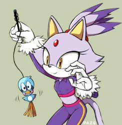 Rule 34 | 1girl, blaze the cat, blush, cat girl, cat teaser, crop top, eyelashes, forehead jewel, fur-trimmed gloves, fur trim, furry, furry female, gloves, highres, light smile, playing, ponytail, purple fur, purple track suit, simple background, sonic (series), track suit, xdaze, yellow eyes