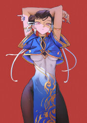 Rule 34 | 1girl, absurdres, arms up, blue nails, bracelet, breasts, capcom, china dress, chinese clothes, chun-li, covered navel, cropped shirt, double bun, dress, earrings, ga is, hair bun, hair ribbon, highres, jewelry, looking at viewer, medium breasts, pantyhose, pelvic curtain, pink eyes, red background, ribbon, short hair, short sleeves, simple background, solo, street fighter, thighs, tight clothes, underboob, unitard