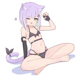 Rule 34 | 1girl, absurdres, animal ear fluff, animal ears, bikini, black bikini, black gloves, cat ears, cat girl, cat tail, colored inner hair, fingerless gloves, full body, gloves, green eyes, green hair, hand up, heart, highres, indian style, indie virtual youtuber, looking at viewer, lyrinne, multicolored hair, navel, one eye closed, purple hair, second-party source, shwaa, simple background, sitting, solo, swimsuit, tail, tongue, tongue out, virtual youtuber, white background